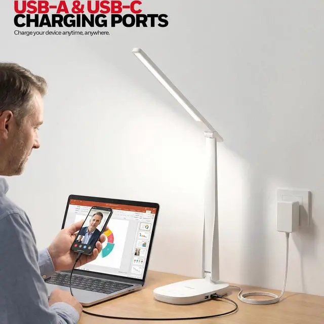 Alt view image 5 of 7 - LED Desk Lamp for Home Office, Eye-Caring Dimmable Reading Light with 4 Color Modes, Touch Control, USB-A & USB-C Charging Ports, Adjustable Head, Timer for Bedroom & Small Desks