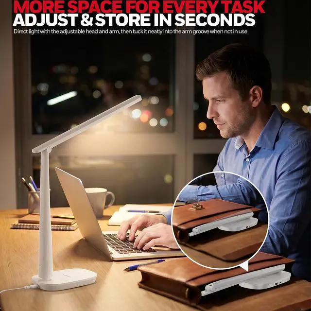 Alt view image 6 of 7 - LED Desk Lamp for Home Office, Eye-Caring Dimmable Reading Light with 4 Color Modes, Touch Control, USB-A & USB-C Charging Ports, Adjustable Head, Timer for Bedroom & Small Desks