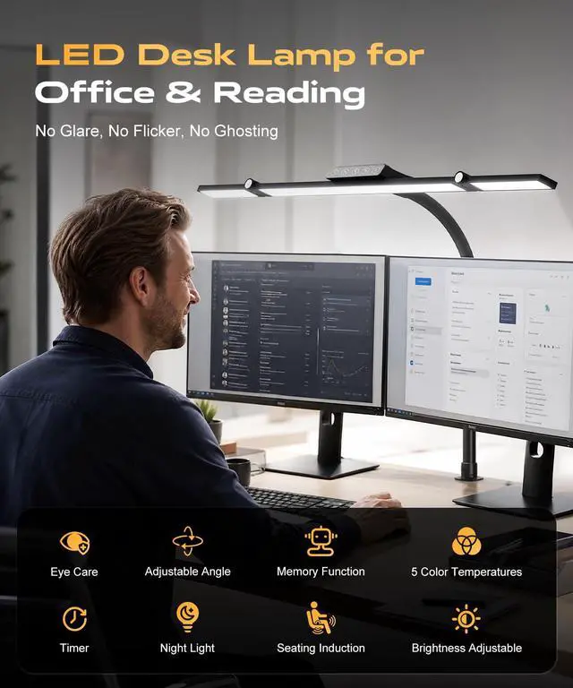 Alt view image 3 of 7 - LED Desk Lamps for Home Office, Desk Light with Remote & Touch Control, Stepless Dimming,5CCT,Motion Sensor Auto On/Off, Eye-Caring Desk Lamp with Clamp for Study, Reading,Dual Monitors,Black