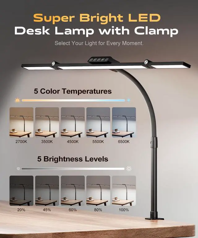 Alt view image 2 of 7 - LED Desk Lamps for Home Office, Desk Light with Remote & Touch Control, Stepless Dimming,5CCT,Motion Sensor Auto On/Off, Eye-Caring Desk Lamp with Clamp for Study, Reading,Dual Monitors,Black