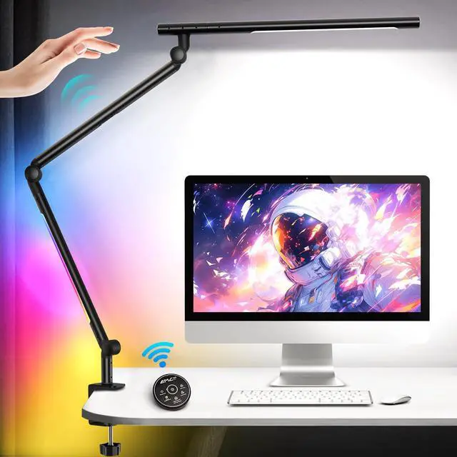 Main image of LED Desk Lamp with Clamp, 18W Dual Light Architect Desk Light, Adjustable Swing Arm RGB Light Sensor Switch, Eye-Caring 4 Modes Stepless Dimming Table Lamp for Home Office Reading Study Gaming
