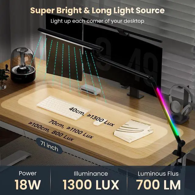 Alt view image 2 of 7 - LED Desk Lamp with Clamp, 18W Dual Light Architect Desk Light, Adjustable Swing Arm RGB Light Sensor Switch, Eye-Caring 4 Modes Stepless Dimming Table Lamp for Home Office Reading Study Gaming
