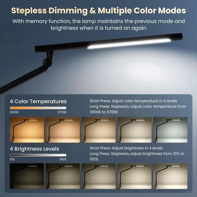 Alt view image 3 of 7 - LED Desk Lamp with Clamp, 18W Dual Light Architect Desk Light, Adjustable Swing Arm RGB Light Sensor Switch, Eye-Caring 4 Modes Stepless Dimming Table Lamp for Home Office Reading Study Gaming