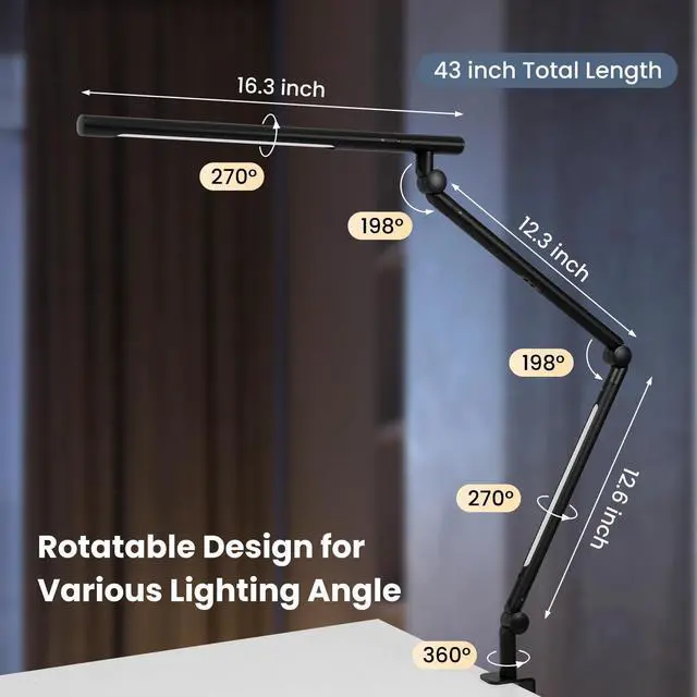Alt view image 4 of 7 - LED Desk Lamp with Clamp, 18W Dual Light Architect Desk Light, Adjustable Swing Arm RGB Light Sensor Switch, Eye-Caring 4 Modes Stepless Dimming Table Lamp for Home Office Reading Study Gaming