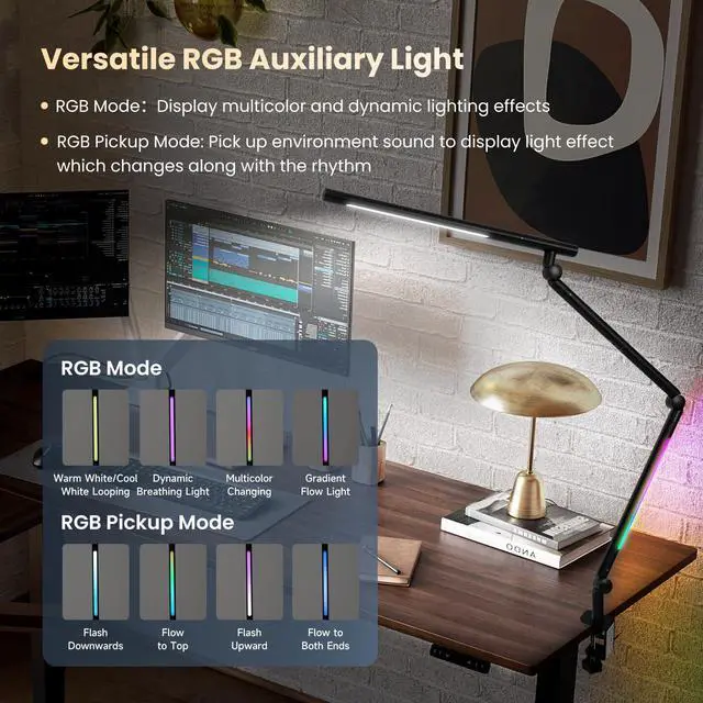 Alt view image 6 of 7 - LED Desk Lamp with Clamp, 18W Dual Light Architect Desk Light, Adjustable Swing Arm RGB Light Sensor Switch, Eye-Caring 4 Modes Stepless Dimming Table Lamp for Home Office Reading Study Gaming