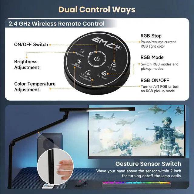 Alt view image 5 of 7 - LED Desk Lamp with Clamp, 18W Dual Light Architect Desk Light, Adjustable Swing Arm RGB Light Sensor Switch, Eye-Caring 4 Modes Stepless Dimming Table Lamp for Home Office Reading Study Gaming