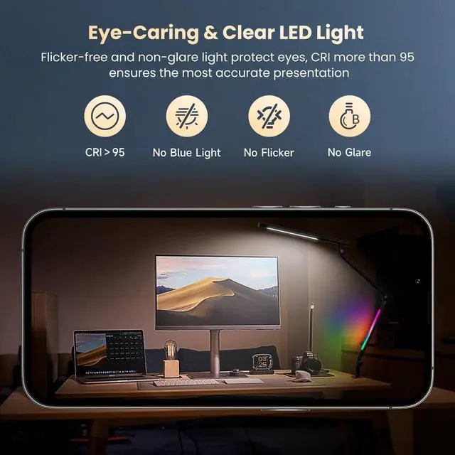 Alt view image 7 of 7 - LED Desk Lamp with Clamp, 18W Dual Light Architect Desk Light, Adjustable Swing Arm RGB Light Sensor Switch, Eye-Caring 4 Modes Stepless Dimming Table Lamp for Home Office Reading Study Gaming