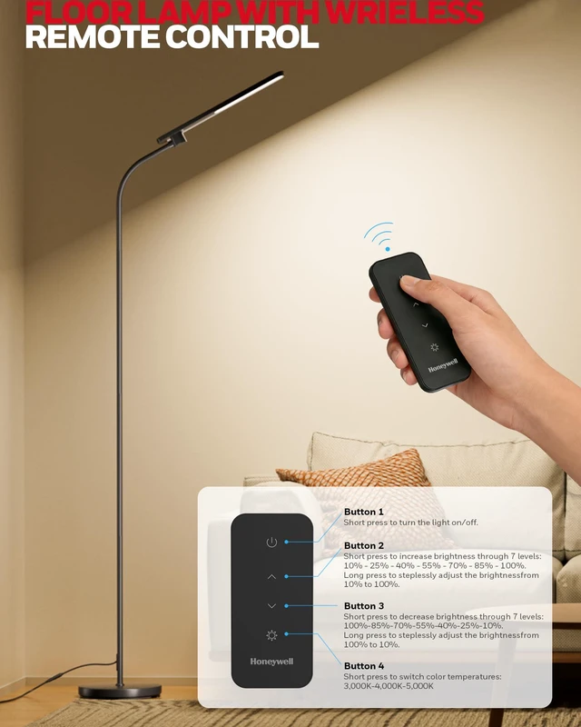 Alt view image 6 of 7 - LED Floor Lamp for Reading, CRI97 Full Spectrum Gooseneck Floor Lamp with Remote, Eye-Caring Dimmable Standing Task Light, 3 Color Temperatures, 77.5" Tall for Living Room Bedroom Office