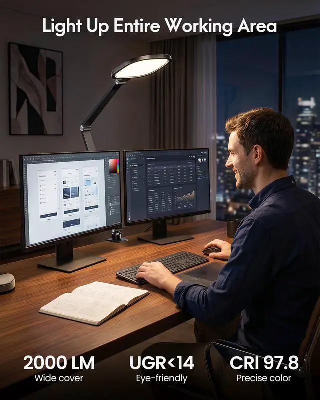 Alt view image 2 of 7 - Remote LED Desk Lamp with Clamp Professional Home Office Lighting for Zoom Meeting/Video Call/Reading, 2000LM Eye-Caring Dimmable Light with 30 Light Modes, Memory, Timer, CRI 97.8