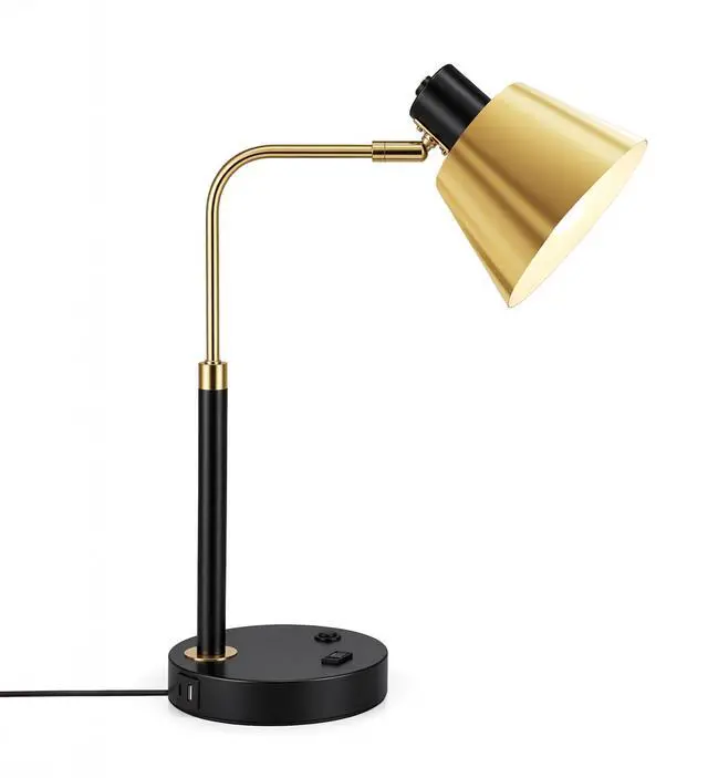 Main image of Desk Lamp with USB-C, USB-A and AC Outlet, Adjustable E26 Table Lamp for Home Office and Bedside Reading, Matte Black and Brushed Brass-Look, Bulb Not Included