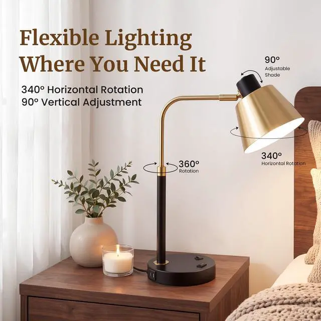 Alt view image 3 of 7 - Desk Lamp with USB-C, USB-A and AC Outlet, Adjustable E26 Table Lamp for Home Office and Bedside Reading, Matte Black and Brushed Brass-Look, Bulb Not Included