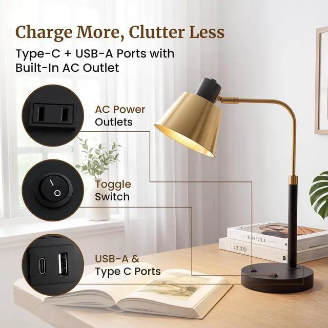 Alt view image 2 of 7 - Desk Lamp with USB-C, USB-A and AC Outlet, Adjustable E26 Table Lamp for Home Office and Bedside Reading, Matte Black and Brushed Brass-Look, Bulb Not Included