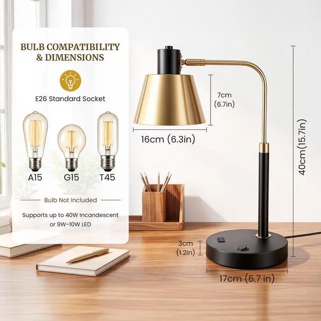 Alt view image 4 of 7 - Desk Lamp with USB-C, USB-A and AC Outlet, Adjustable E26 Table Lamp for Home Office and Bedside Reading, Matte Black and Brushed Brass-Look, Bulb Not Included