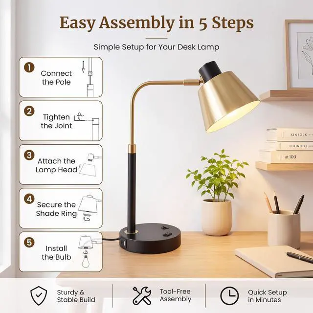 Alt view image 5 of 7 - Desk Lamp with USB-C, USB-A and AC Outlet, Adjustable E26 Table Lamp for Home Office and Bedside Reading, Matte Black and Brushed Brass-Look, Bulb Not Included