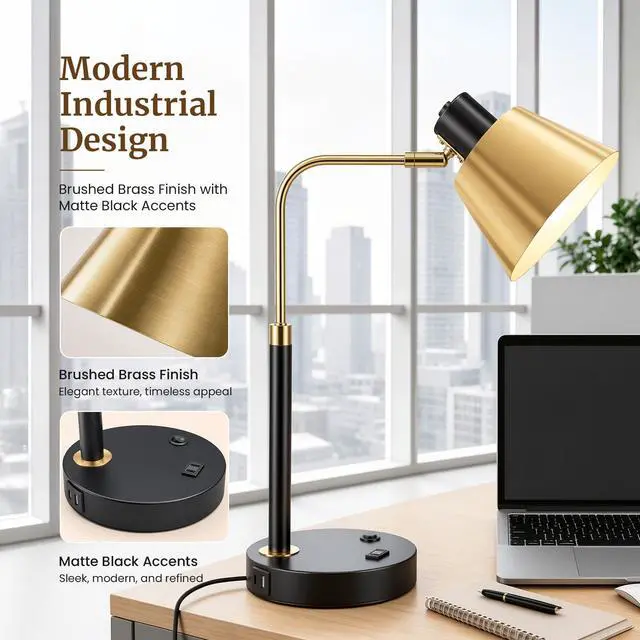 Alt view image 6 of 7 - Desk Lamp with USB-C, USB-A and AC Outlet, Adjustable E26 Table Lamp for Home Office and Bedside Reading, Matte Black and Brushed Brass-Look, Bulb Not Included
