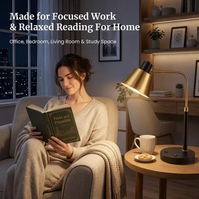 Alt view image 7 of 7 - Desk Lamp with USB-C, USB-A and AC Outlet, Adjustable E26 Table Lamp for Home Office and Bedside Reading, Matte Black and Brushed Brass-Look, Bulb Not Included