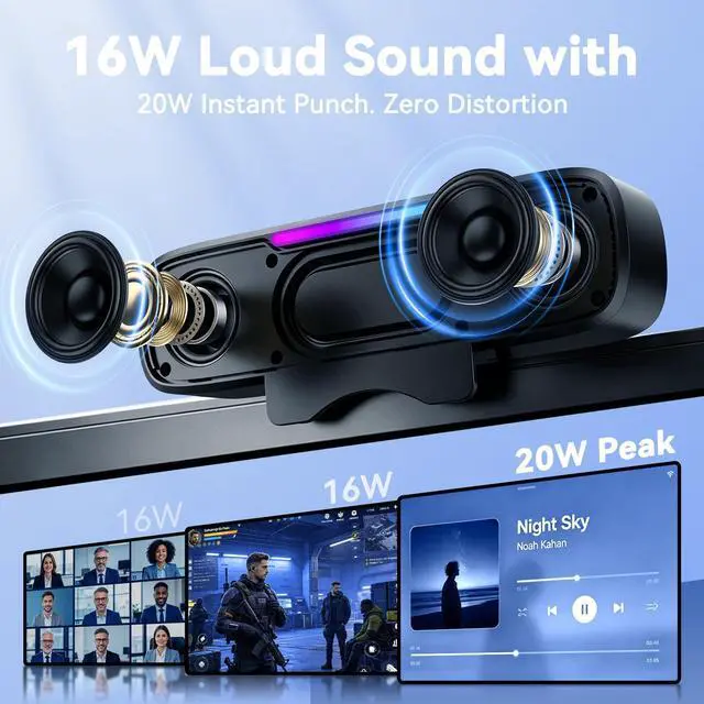 Alt view image 2 of 7 - Computer Speakers for Desktop PC Monitor, Bluetooth 6.0 Wireless Speaker with G-Sensor, USB Soundbar with USB-C Adapter, Easy Clip-on, RGB Light, Deep Bass for Laptop Monitor