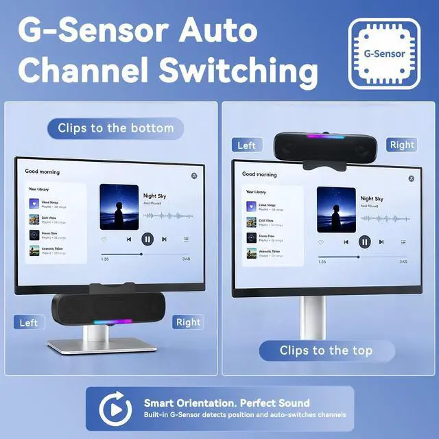Alt view image 3 of 7 - Computer Speakers for Desktop PC Monitor, Bluetooth 6.0 Wireless Speaker with G-Sensor, USB Soundbar with USB-C Adapter, Easy Clip-on, RGB Light, Deep Bass for Laptop Monitor