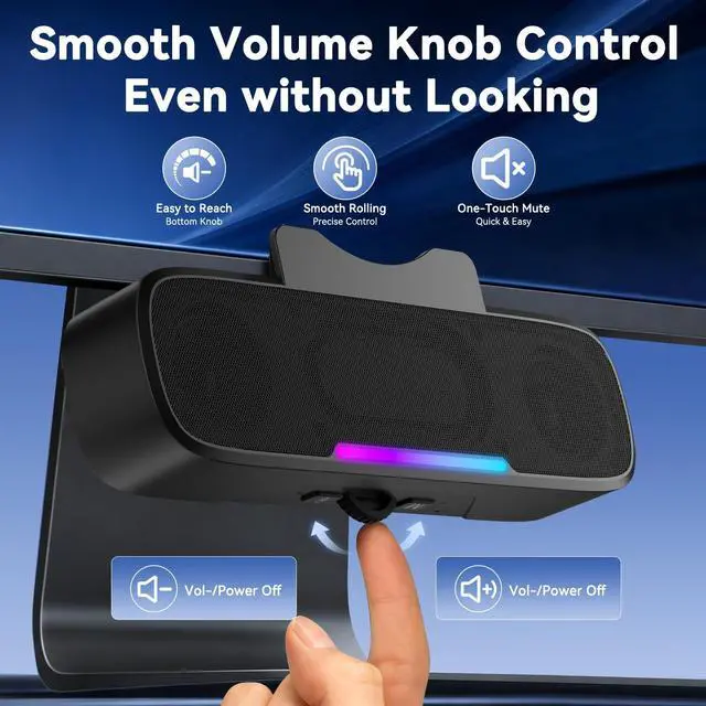 Alt view image 4 of 7 - Computer Speakers for Desktop PC Monitor, Bluetooth 6.0 Wireless Speaker with G-Sensor, USB Soundbar with USB-C Adapter, Easy Clip-on, RGB Light, Deep Bass for Laptop Monitor