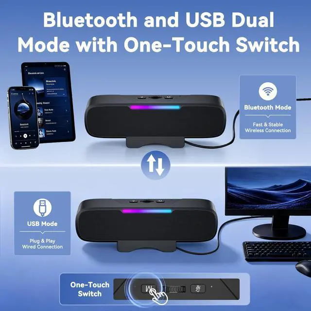 Alt view image 7 of 7 - Computer Speakers for Desktop PC Monitor, Bluetooth 6.0 Wireless Speaker with G-Sensor, USB Soundbar with USB-C Adapter, Easy Clip-on, RGB Light, Deep Bass for Laptop Monitor