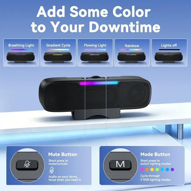 Alt view image 6 of 7 - Computer Speakers for Desktop PC Monitor, Bluetooth 6.0 Wireless Speaker with G-Sensor, USB Soundbar with USB-C Adapter, Easy Clip-on, RGB Light, Deep Bass for Laptop Monitor