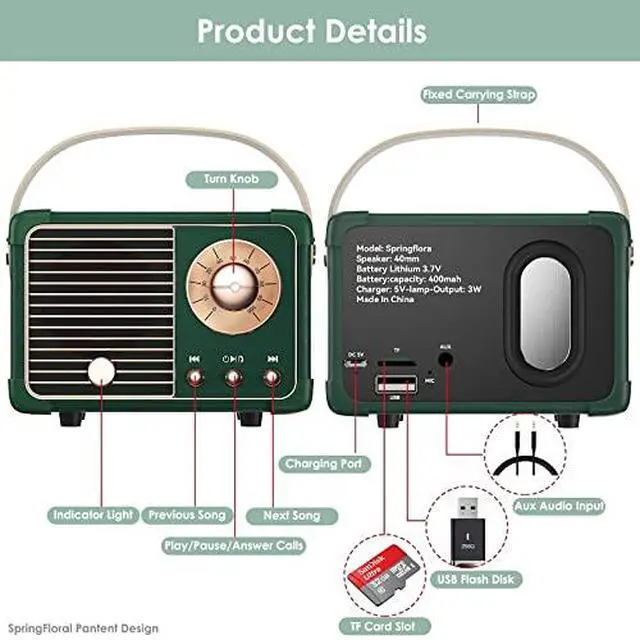 Alt view image 6 of 7 - Retro Bluetooth Speaker, Small Bluetooth Speaker Wireless for Indoor Outdoor, Vintage Home Office Decor, Perfect for Party Desk Kitchen Hiking Beach Travel, Gift Ideas Green