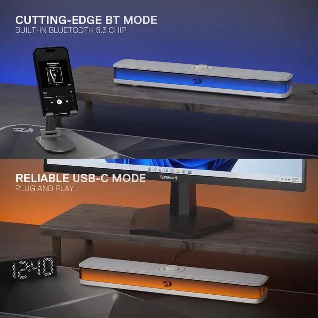 Alt view image 3 of 7 - GS515 RGB Desktop Soundbar, 2.0 Channel Stereo Computer Speakers for Desktop with BT 5.3, USB-C/USB Powered, Gray