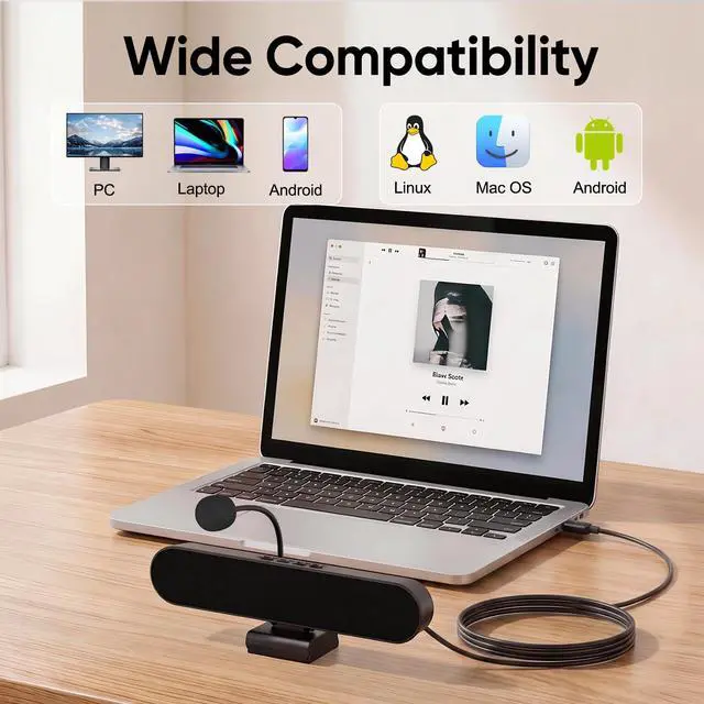 Alt view image 7 of 7 - Computer Speakers with Microphone for Desktop PC, USB Wired Clip On Computer Sound Bar, Plug-n-Play Laptop Speaker w/Mic for Meeting/Gaming/Learning, Clear Audio, Easily Clamps to Monitors