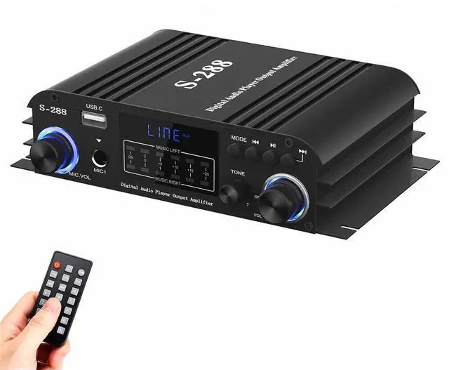 Main image of S-288 4 CH Bluetooth 5.0 Home Audio Amplifier, RMS 45Wx4, Max 600W HiFi Stereo Power Amplifier USB, SD, FM Class D Speaker Amp for Home Theater Karaoke, with Power Adapter & Remote Control