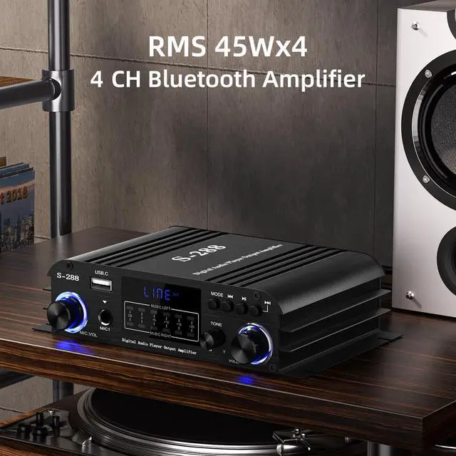 Alt view image 4 of 7 - S-288 4 CH Bluetooth 5.0 Home Audio Amplifier, RMS 45Wx4, Max 600W HiFi Stereo Power Amplifier USB, SD, FM Class D Speaker Amp for Home Theater Karaoke, with Power Adapter & Remote Control