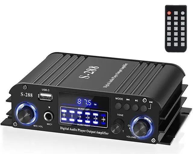 Alt view image 2 of 7 - S-288 4 CH Bluetooth 5.0 Home Audio Amplifier, RMS 45Wx4, Max 600W HiFi Stereo Power Amplifier USB, SD, FM Class D Speaker Amp for Home Theater Karaoke, with Power Adapter & Remote Control