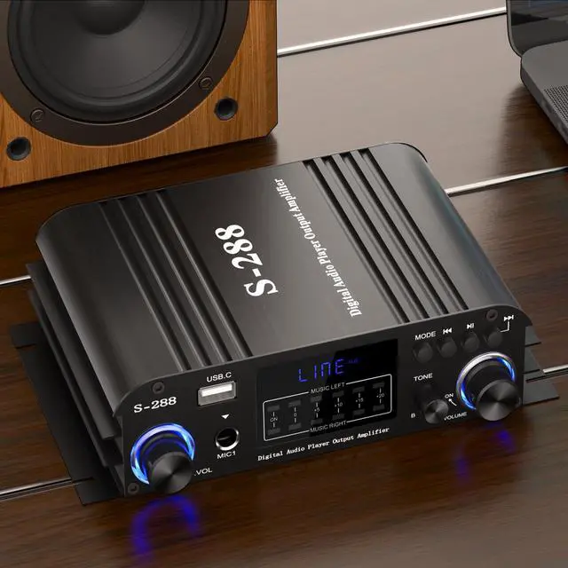 Alt view image 6 of 7 - S-288 4 CH Bluetooth 5.0 Home Audio Amplifier, RMS 45Wx4, Max 600W HiFi Stereo Power Amplifier USB, SD, FM Class D Speaker Amp for Home Theater Karaoke, with Power Adapter & Remote Control