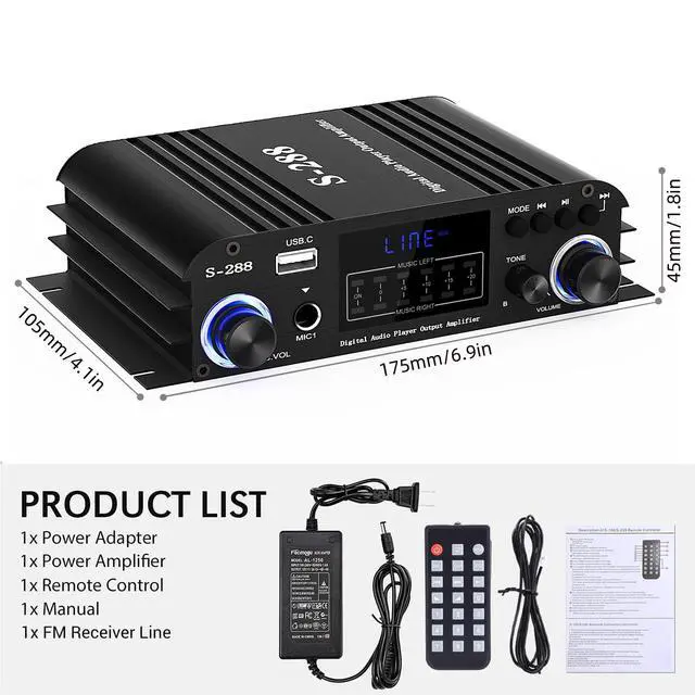 Alt view image 7 of 7 - S-288 4 CH Bluetooth 5.0 Home Audio Amplifier, RMS 45Wx4, Max 600W HiFi Stereo Power Amplifier USB, SD, FM Class D Speaker Amp for Home Theater Karaoke, with Power Adapter & Remote Control