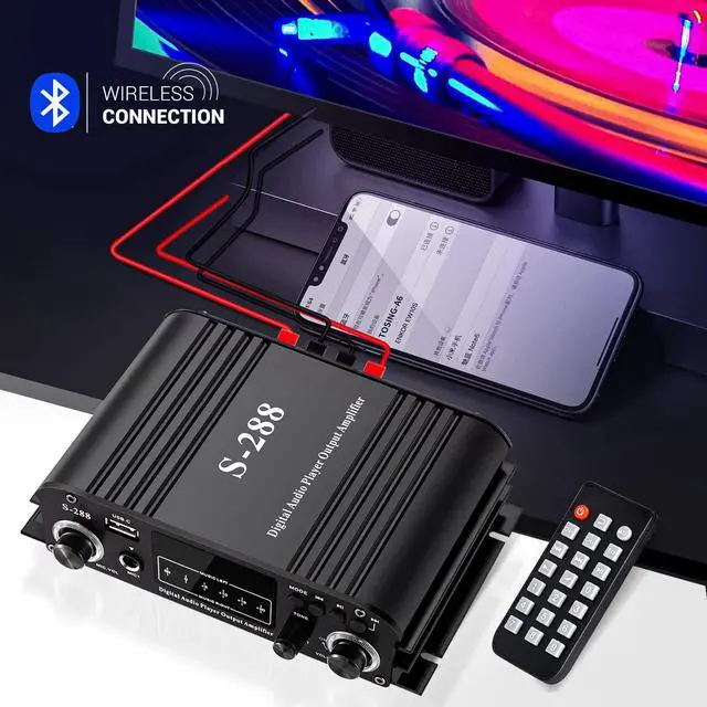 Alt view image 5 of 7 - S-288 4 CH Bluetooth 5.0 Home Audio Amplifier, RMS 45Wx4, Max 600W HiFi Stereo Power Amplifier USB, SD, FM Class D Speaker Amp for Home Theater Karaoke, with Power Adapter & Remote Control
