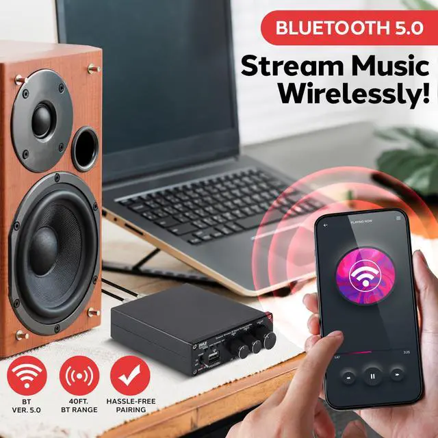 Alt view image 2 of 7 - 2.1 CH Wireless Stereo Power Amplifier - 200W Bluetooth Mini Amp with USB Player, RCA Input, Subwoofer Output, Bass and Treble Control, Compact Audio Streaming Amp