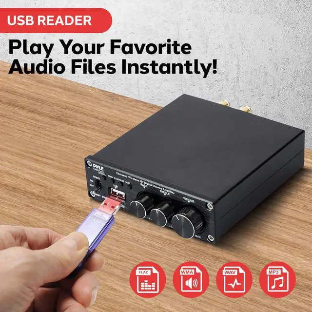Alt view image 5 of 7 - 2.1 CH Wireless Stereo Power Amplifier - 200W Bluetooth Mini Amp with USB Player, RCA Input, Subwoofer Output, Bass and Treble Control, Compact Audio Streaming Amp