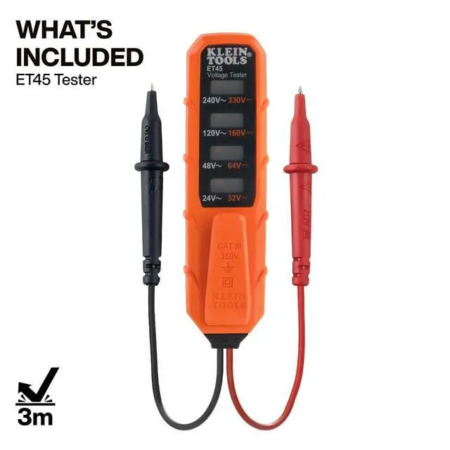 Alt view image 2 of 6 - ET45 Digital AC/DC Voltage Tester, 12-240V AC, 32-330V DC, LED Illumination, DC Polarity, Auto Off, CATIII 350V-Class 2-Double Insulation, IP44 Dust & Water Resistant, No Batteries Needed
