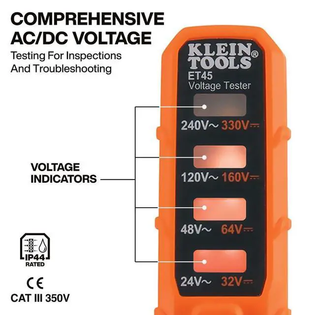 Alt view image 3 of 6 - ET45 Digital AC/DC Voltage Tester, 12-240V AC, 32-330V DC, LED Illumination, DC Polarity, Auto Off, CATIII 350V-Class 2-Double Insulation, IP44 Dust & Water Resistant, No Batteries Needed