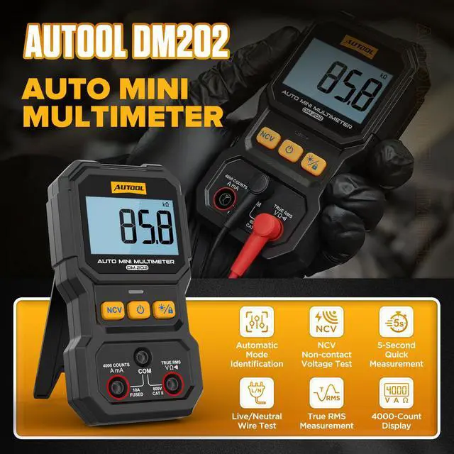 Alt view image 2 of 7 - DM202 Mini Digital Multimeter, Auto-Ranging 4000 Counts True RMS NCV Non-Contact Voltage Tester, 600V AC/DC Voltmeter with Backlight, Automotive Electrical Diagnostic Tool
