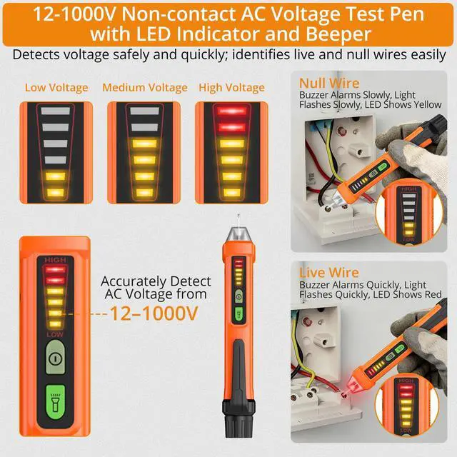 Alt view image 3 of 6 - 12-1000V Non-Contact Voltage Detector Pen and 2000 Counts Digital Multimeter for Live/Null Wire Distinguish, NCV AC/DC Voltage Current Resistance Capacitance Frequency Measuring