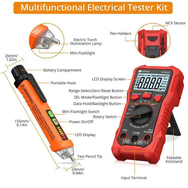 Alt view image 6 of 6 - 12-1000V Non-Contact Voltage Detector Pen and 2000 Counts Digital Multimeter for Live/Null Wire Distinguish, NCV AC/DC Voltage Current Resistance Capacitance Frequency Measuring