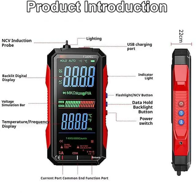 Alt view image 7 of 7 - 2026 Upgraded FS899L Digital Multimeter, 6000 Counts True RMS Auto-Ranging AC/DC Voltage Tester, NCV Capacitance Meter, USB-C Rechargeable Color Screen with 2 Alligator Clips