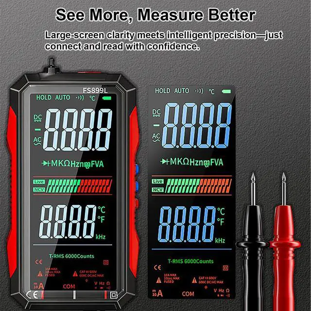 Alt view image 4 of 7 - 2026 Upgraded FS899L Digital Multimeter, 6000 Counts True RMS Auto-Ranging AC/DC Voltage Tester, NCV Capacitance Meter, USB-C Rechargeable Color Screen with 2 Alligator Clips