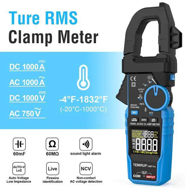 Alt view image 2 of 7 - Inrush Digital Clamp Meter Multimeter - T-RMS 6000 Counts 1000A Amp Voltage Tester with VFD, LOZ, Measures NCV, AC/DC Voltage Current, Continuity Capacitance Frequency Resistance, Temperature