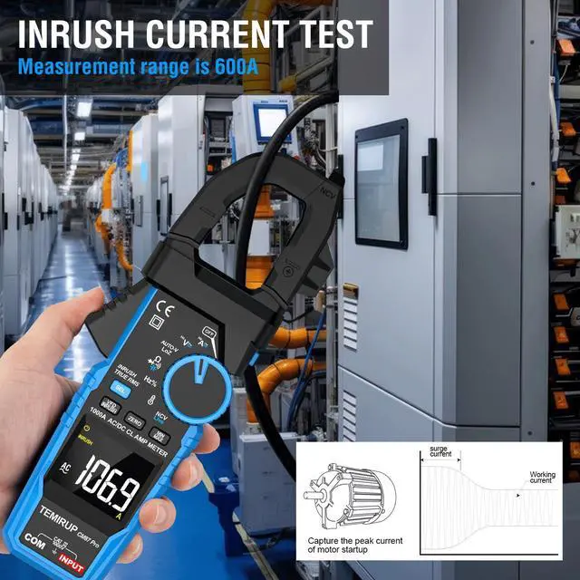 Alt view image 4 of 7 - Inrush Digital Clamp Meter Multimeter - T-RMS 6000 Counts 1000A Amp Voltage Tester with VFD, LOZ, Measures NCV, AC/DC Voltage Current, Continuity Capacitance Frequency Resistance, Temperature