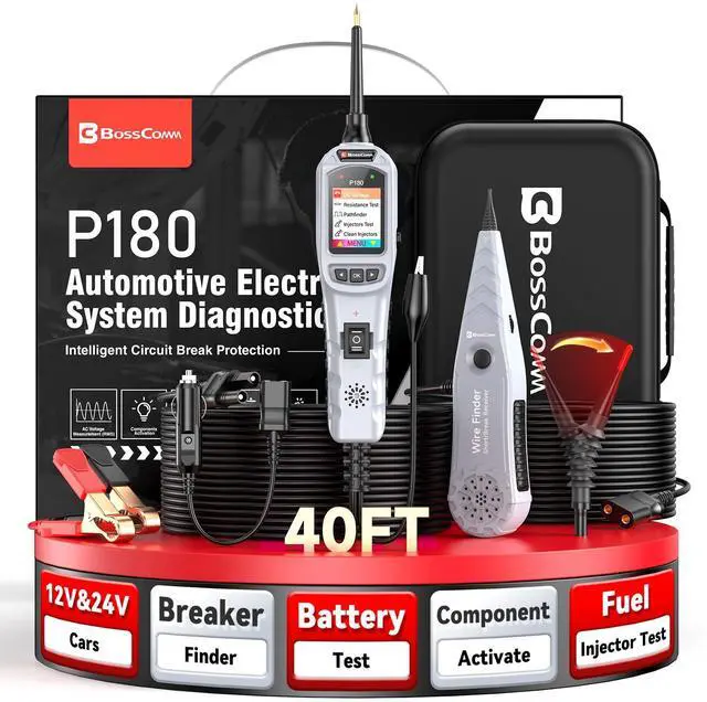 Main image of 2026 P180 Automotive Probe Tester 9-30V Electrical Power Probe, AC/DC Voltage/Diode/Resistance/Relay/Fuse Test, Wire Tracer, Battery/Fuel Injector Tester, 40FT Cable