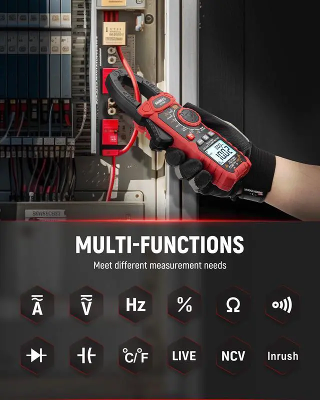 Alt view image 2 of 7 - Inrush Digital Clamp Meter 1000A with Backlit; Multimeter TRMS 6000 Counts, Amp Voltage Tester with VFD, LOZ Mode; Measures AC/DC Current Voltage Temperature Resistance NCV - Upgraded Screen