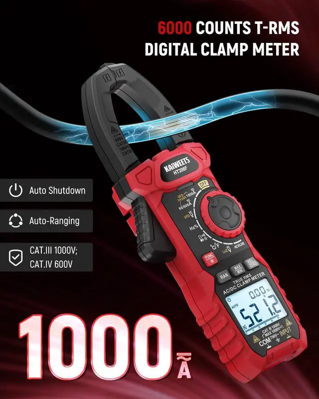 Alt view image 3 of 7 - Inrush Digital Clamp Meter 1000A with Backlit; Multimeter TRMS 6000 Counts, Amp Voltage Tester with VFD, LOZ Mode; Measures AC/DC Current Voltage Temperature Resistance NCV - Upgraded Screen