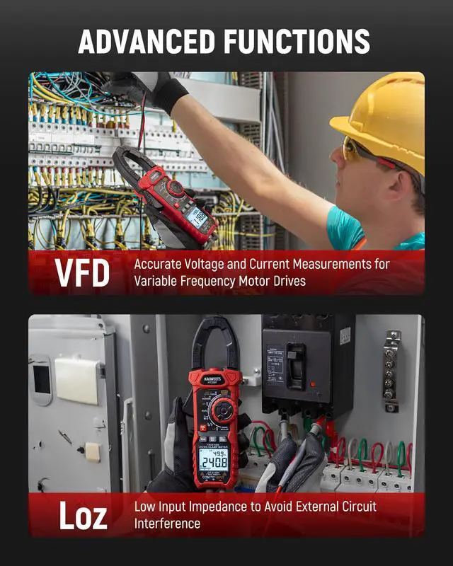 Alt view image 6 of 7 - Inrush Digital Clamp Meter 1000A with Backlit; Multimeter TRMS 6000 Counts, Amp Voltage Tester with VFD, LOZ Mode; Measures AC/DC Current Voltage Temperature Resistance NCV - Upgraded Screen