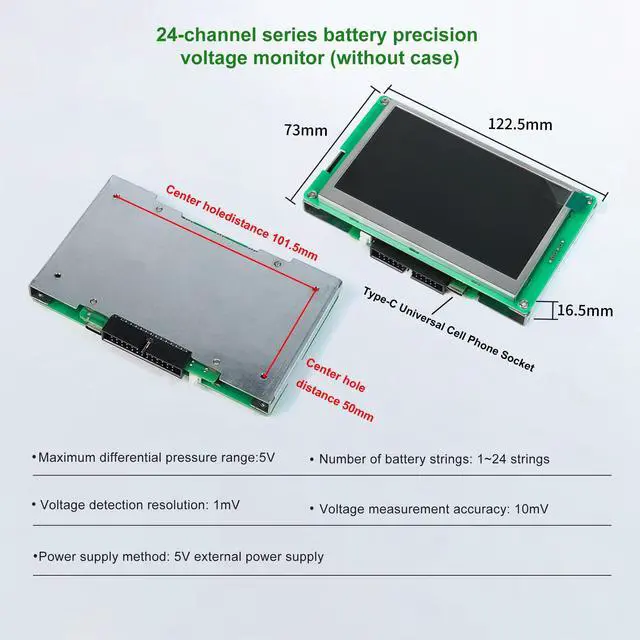 Alt view image 4 of 7 - 24S Battery Voltage Tester, 5" LCD Voltage Gauge, Precision Voltage Detector for NMC / LiFePO4 / LTO Batteries, Type-C Universal Socket, M6T24